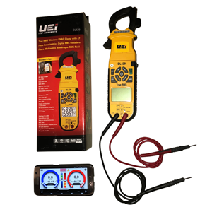 UEI DL429 clamp meter with test leads and wireless app display
